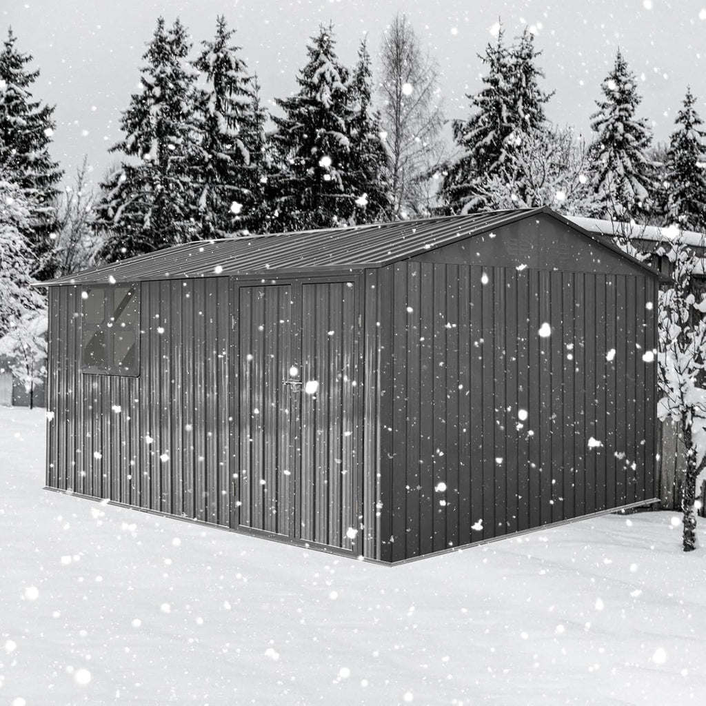 10x12 FT Outdoor Storage Shed, Large Metal Garden Shed with 4-pane Window, Outside Tool Shed with Lockable Hinged Doors & 4 Air Vents, Waterproof Storage Building for Backyard, Patio, Lawn, Gray