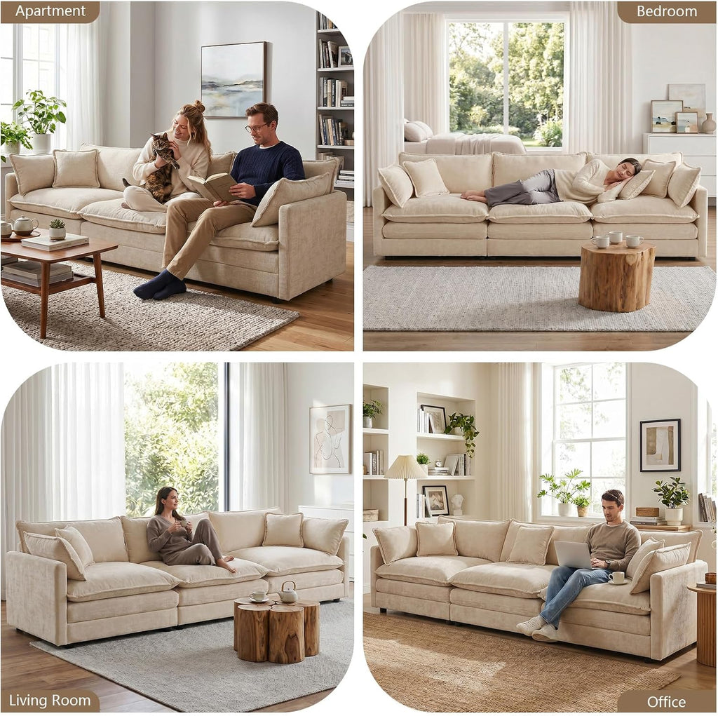 GNIXUU 111.5' Modern Cloud Sofa Couch, Chenille Comfy 3 Seat Sofa Couch with Pillows & Armrest for Living Room, Bedroom, Deep Seat Sofa(Camel)