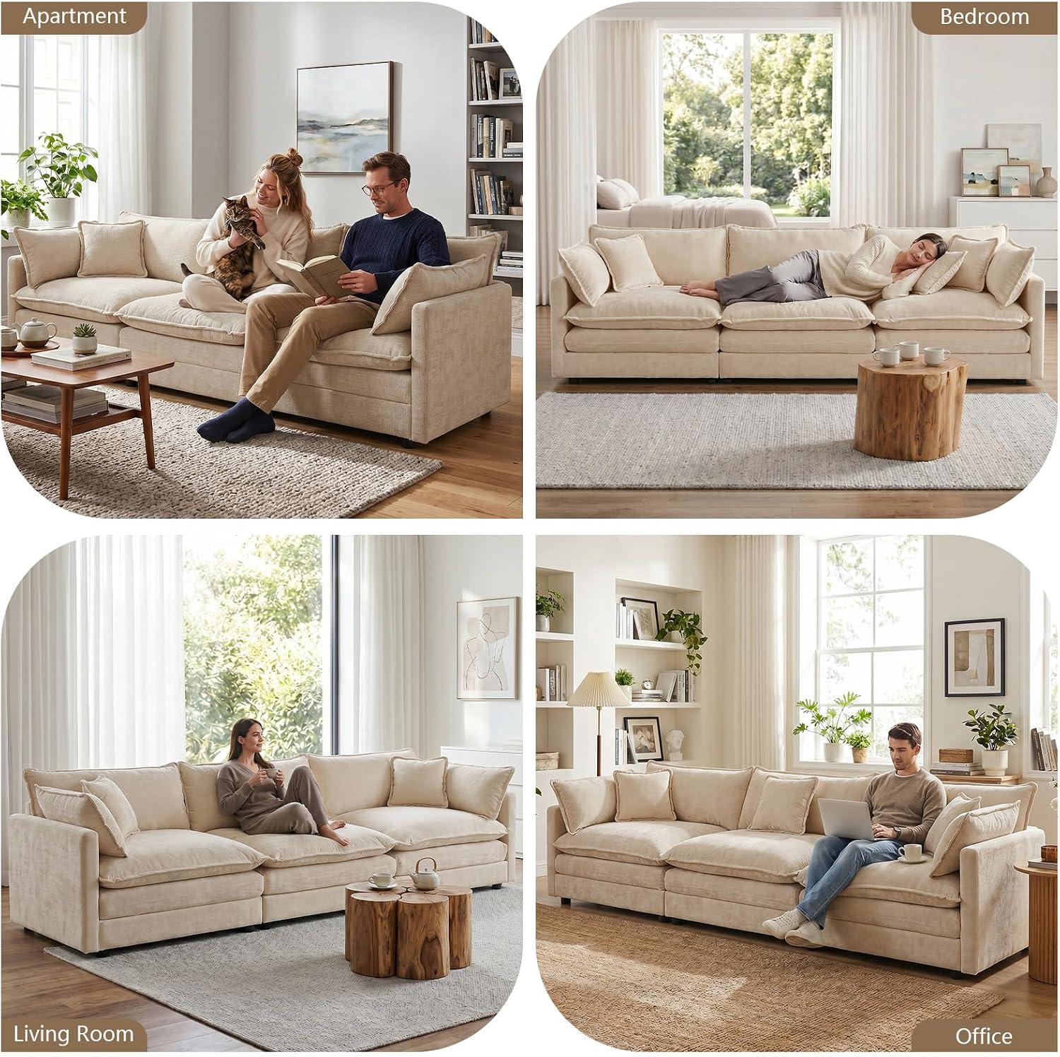 GNIXUU 111.5' Modern Cloud Sofa Couch, Chenille Comfy 3 Seat Sofa Couch with Pillows & Armrest for Living Room, Bedroom, Deep Seat Sofa(Camel)