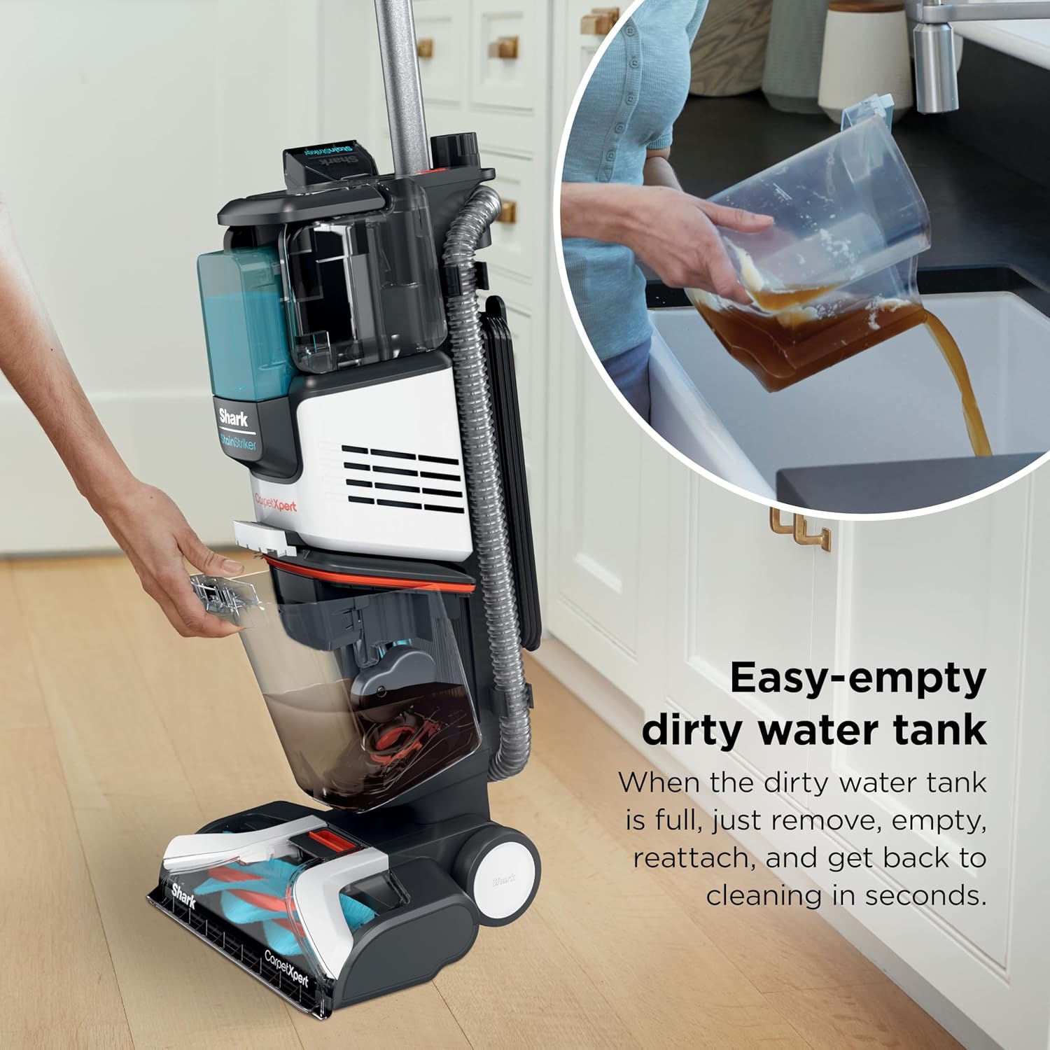Shark CarpetXpert | Upright Carpet, Area Rug & Upholstery Cleaner | Carpet Shampooer with StainStriker Handheld Tough Stain Eliminator | Removes Tough Stains & Odors | 3 Cleaning Tools | White | EX201