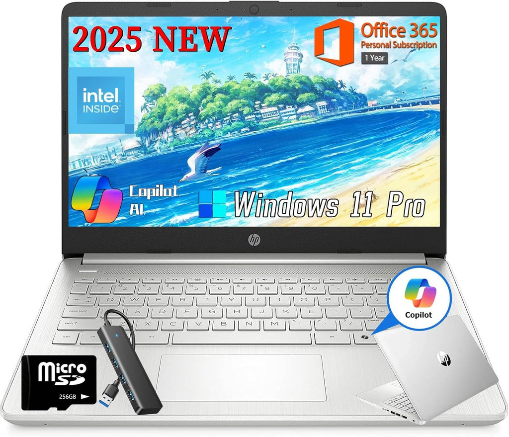 HP 2025 14 Inch Student Business Laptop, Intel Processor N150, 16 GB RAM, 384 GB Storage(128GB UFS+256GB MSD), Copilot Key, AI Powered, 1 Year Office 365, Windows 11 Pro, Natural Silver, w/Accessories