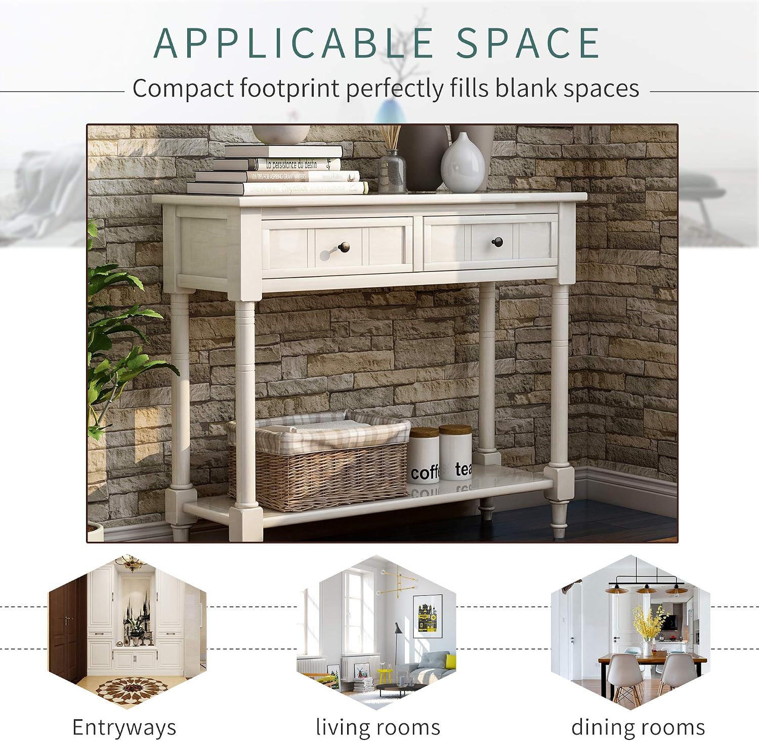 Bellemave Console Table with Drawers, Retro Entryway Table with 2 Drawers and Open Storage Shelf, Narrow Long Sofa Table, Behind Couch Table for Living Room, Foyer and Hallway, Ivory White