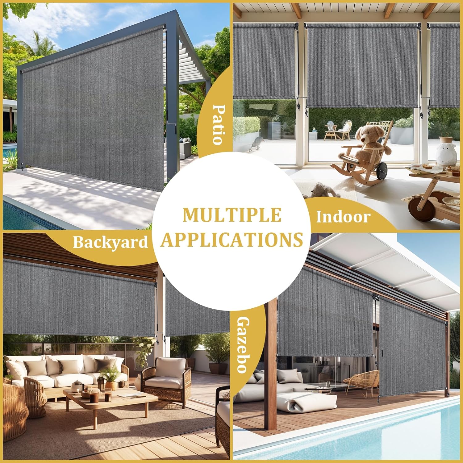 Shade&Beyond Outdoor Roller Shades with Splicing Design, Easy to Install Roll Up Patio Outside Blinds for Porch Pergola Gazebo, 30' W x 96' H, Grey