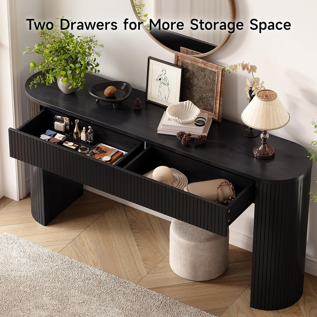 63 Inch Console Table with 2 Drawers, Fluted Entryway Tables with Storage, Sofa Table Behind The Couch, Hallway Tables, Mid-Century Modern Foyer Table for Entryway, Hallway, Living Room, Black