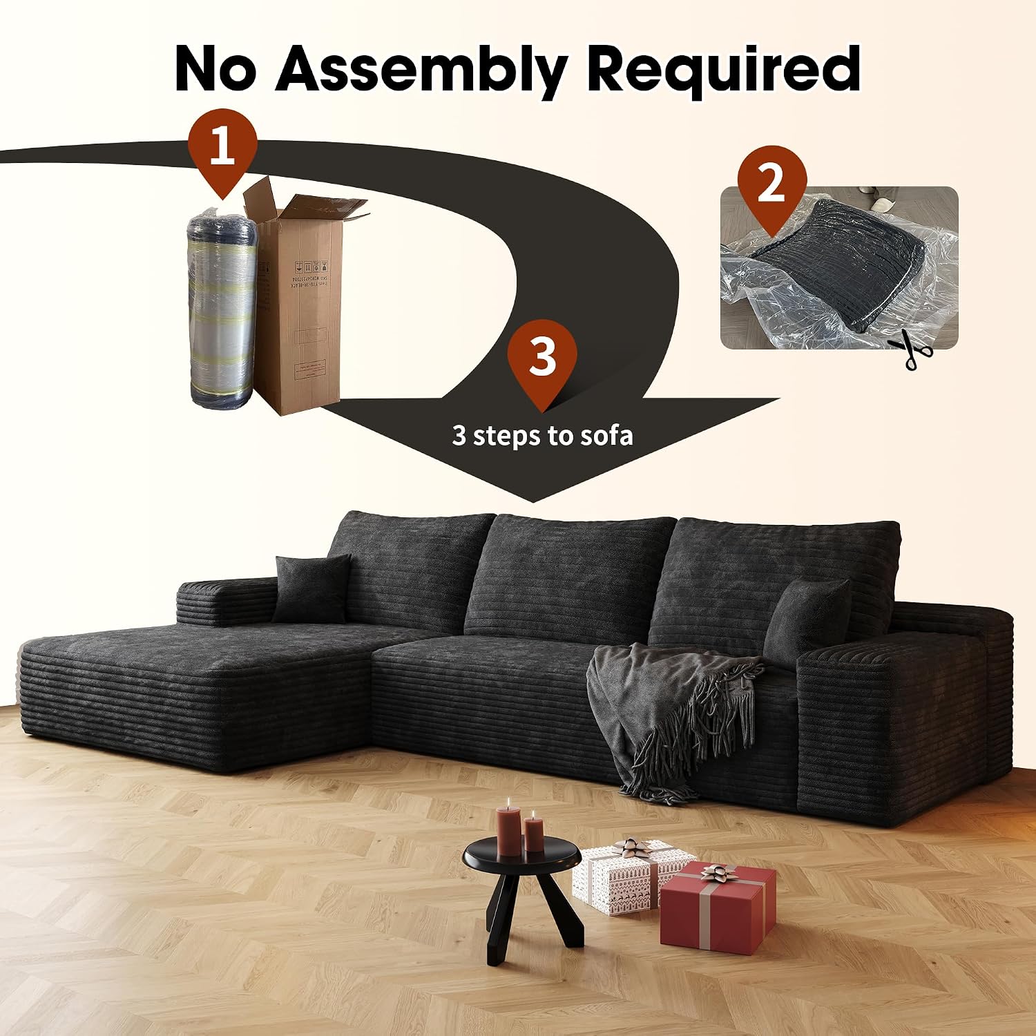 107 inch Cloud Sectional Couch Boneless Sofa in a Box for Living Room, Foam Floor Modular Sectional Sofa w/Deep Seat, Fluffy Corduroy Upholstered Couch with L-Shaped Chaise