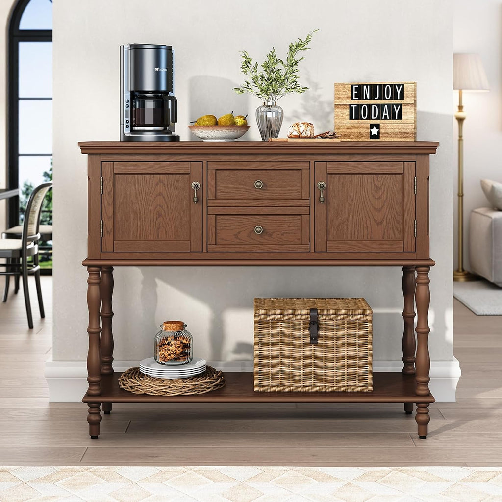 ARTPOWER Console Table for Entryway, Retro Wooden Table with Storage, 2 Doors & Drawers and Open Shelf, Behind Couch Sofa Table for Living Room, Foyer, Hallway, Brown