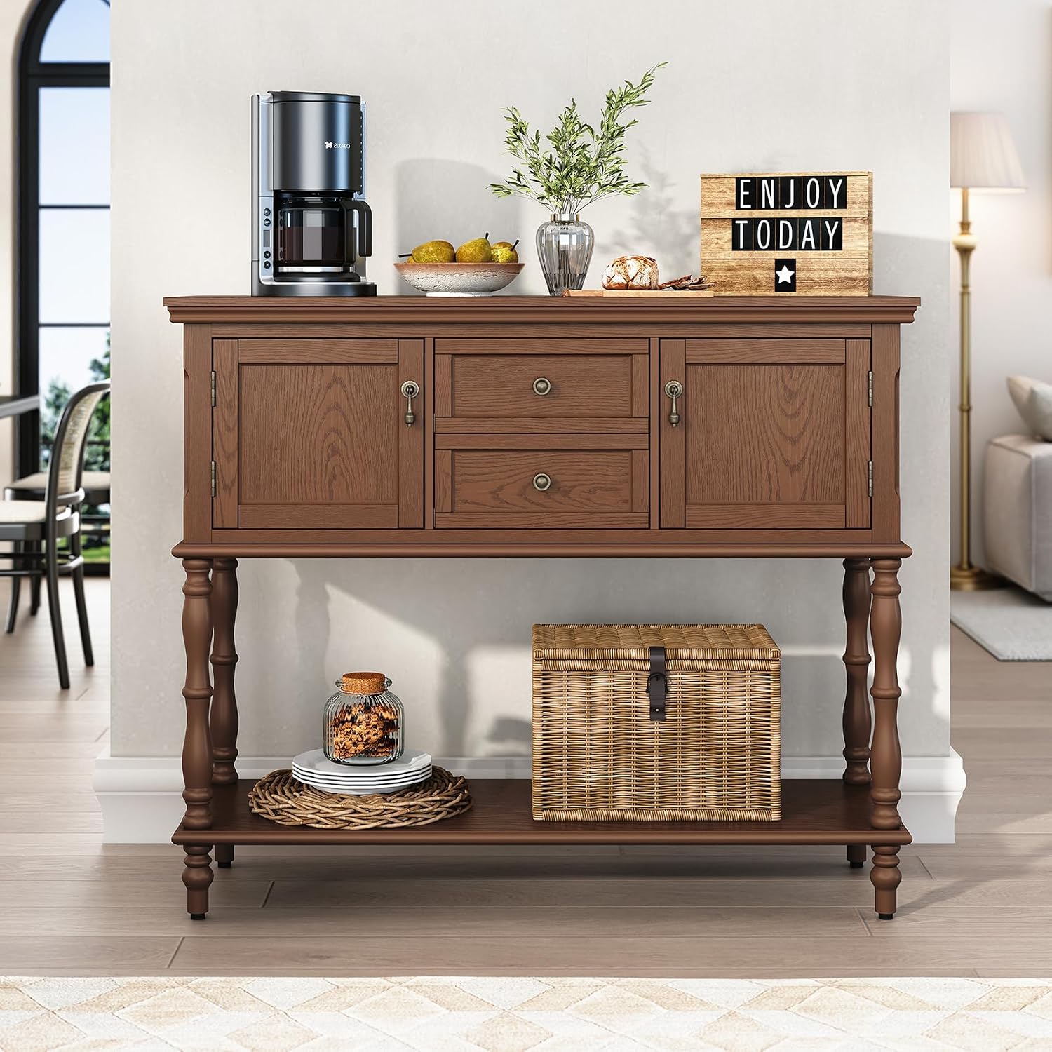 ARTPOWER Console Table for Entryway, Retro Wooden Table with Storage, 2 Doors & Drawers and Open Shelf, Behind Couch Sofa Table for Living Room, Foyer, Hallway, Brown