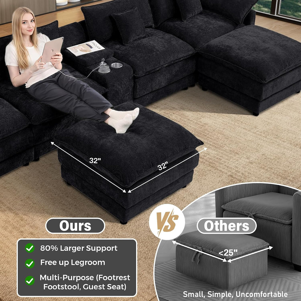 145' Oversized Modular Sectional Sofa U Shaped Cloud Couch Modern 6 Seat Sofa Set for Living Room Comfy Chenille Deep Seat with Storage Central Console, Movable Ottomans, Cup Holders, USB Ports, Black