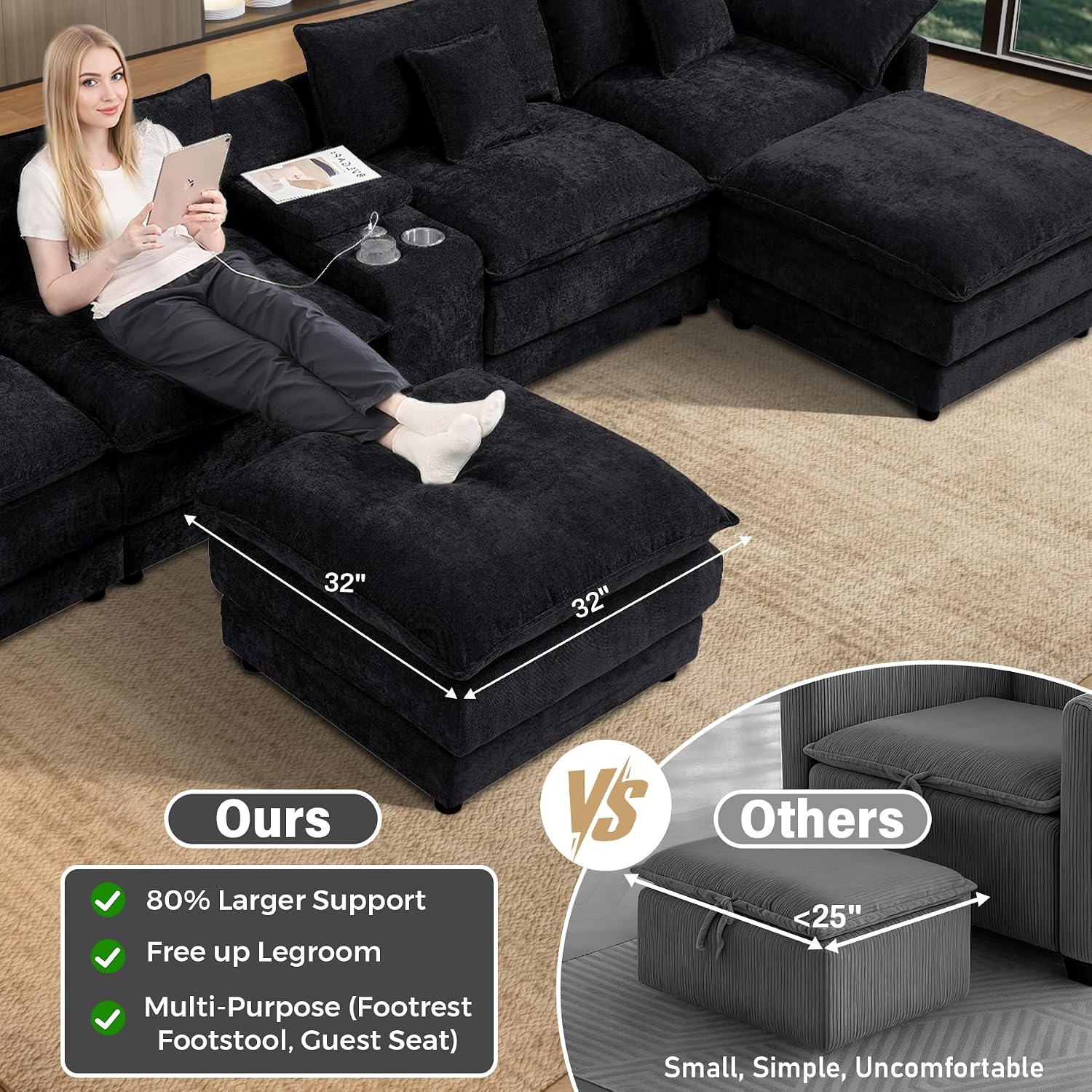 145' Oversized Modular Sectional Sofa U Shaped Cloud Couch Modern 6 Seat Sofa Set for Living Room Comfy Chenille Deep Seat with Storage Central Console, Movable Ottomans, Cup Holders, USB Ports, Black