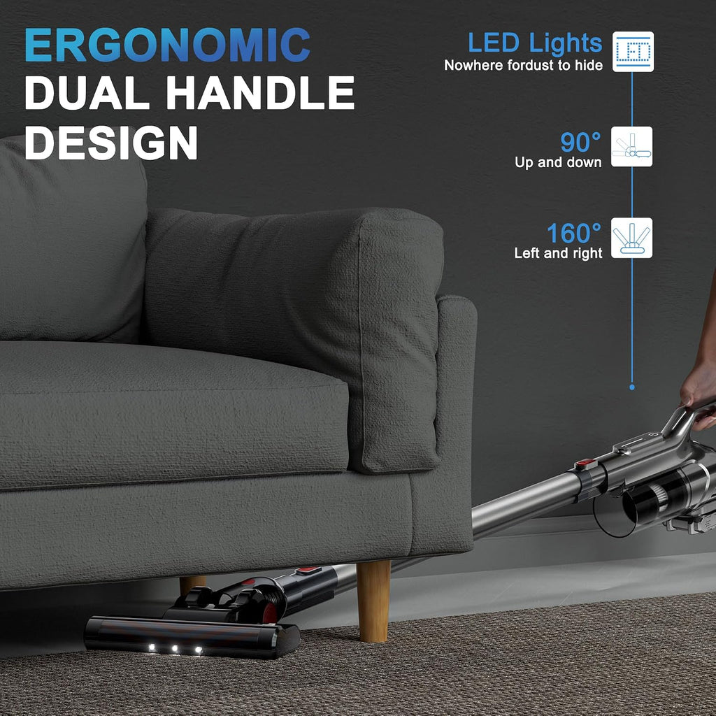 Cordless Vacuum Cleaner with LED Light, Battery Operated Vacuum, Lightweight Vacuum, HEPA Filter, Multiple Attachments for For Pet Hair & Deep Cleaning,Keep Filter Clean For Max Suction,Silver