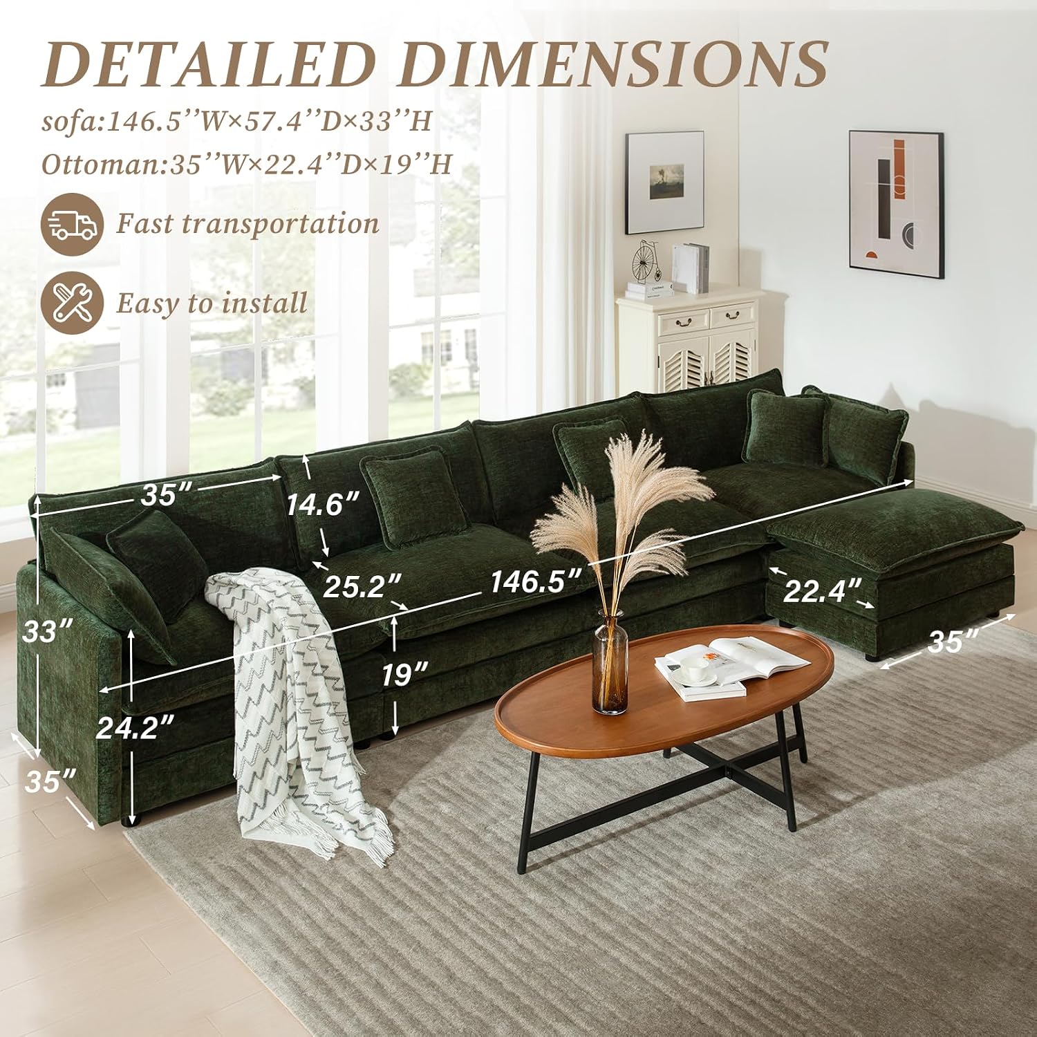 SoarFlash Chenille Sectional Sofa, Comfy L Shaped Modular Coush Sofa with Ottoman, Modern 4 Seat Couch Deep Seat Sofa Set for Living Room,Green