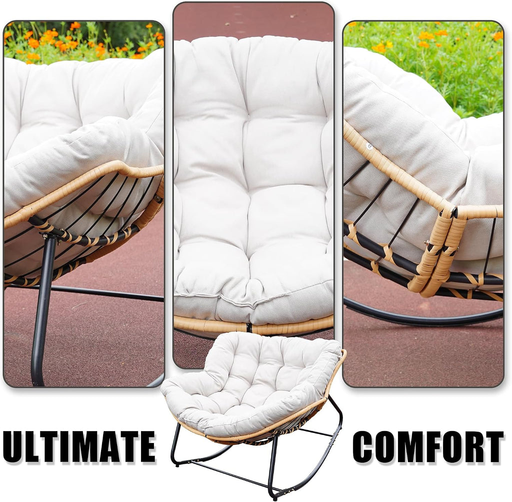 Outdoor Rocking Chair, Patio Egg Rocking Chair, Indoor Papasan Chair, Rattan Wicker Lounge Chair, Modern Royal Chair for Bedroom, Living Room, Porch, Garden,Lawn (41.3' Beige)
