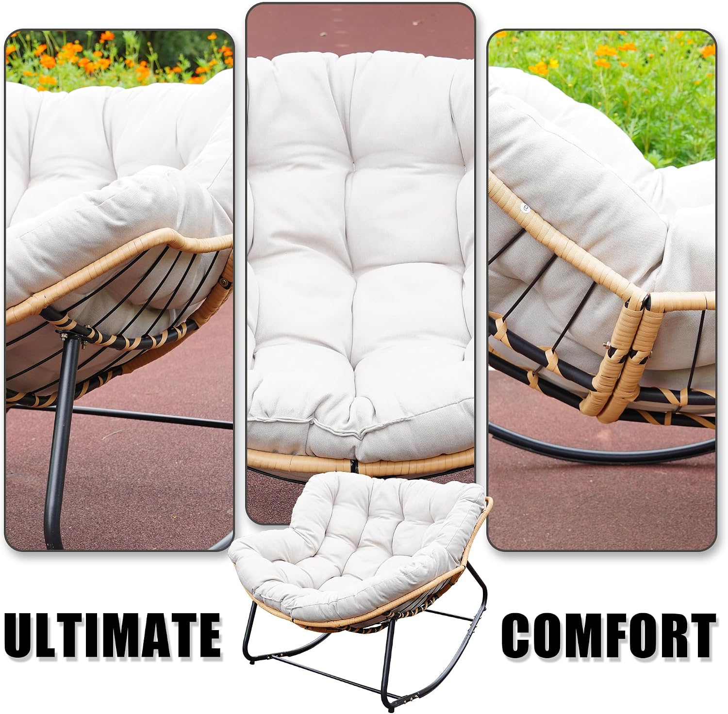 Outdoor Rocking Chair, Patio Egg Rocking Chair, Indoor Papasan Chair, Rattan Wicker Lounge Chair, Modern Royal Chair for Bedroom, Living Room, Porch, Garden,Lawn (41.3' Beige)