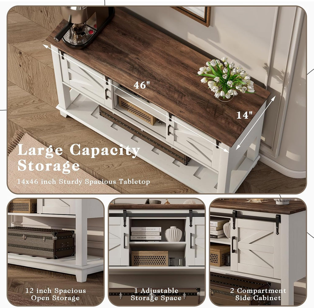 LUXOAK Farmhouse Entryway Table with Sliding Barn Doors, 46' Sofa Table for Living Room, Console Table with Storage Hallway Entrance Table, Antique White