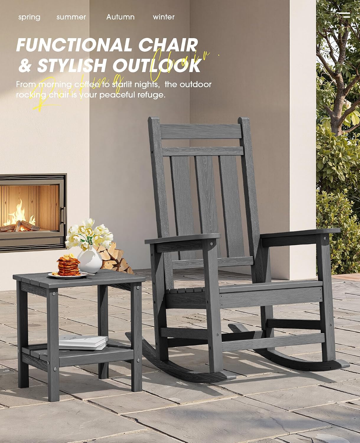 KINGYES Oversized Outdoor Rocking Chair Set of 6, All-Weather Patio Rocking Chairs for Porch, HDPE Outdoor Patio Rockers with High Back & Wide Seat for Garden, Lawn, Gray