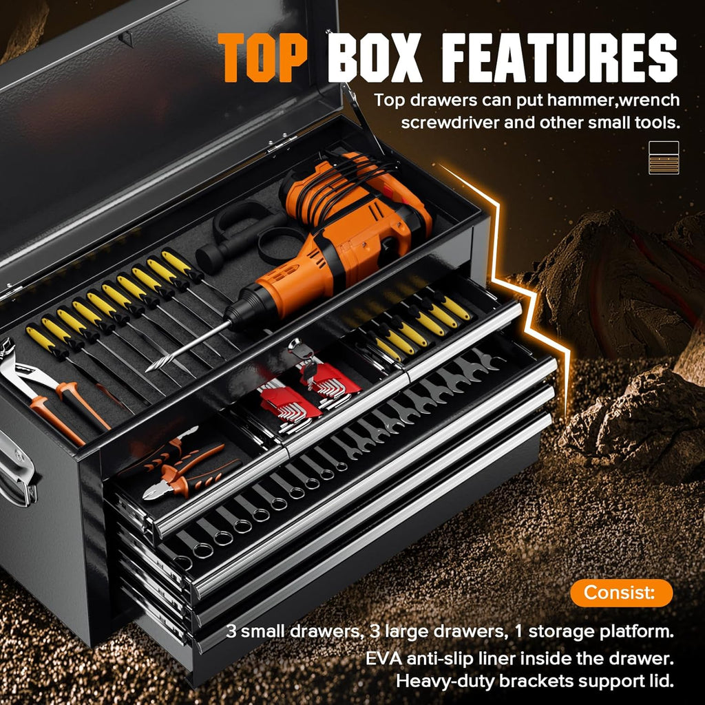 Crownland 8-Drawer Rolling Tool Chest with Wheels, Lockable 2 in 1 Detachable Tool Cabinet wit Drawers and Black Liners, Garage Top Toolbox & Bottom Storage Cart with Side Hooks(Black)