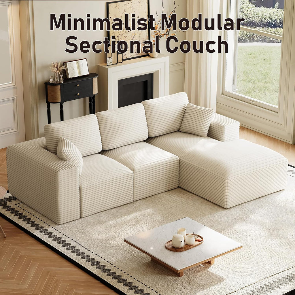 109' L-Shaped Boneless Cloud Sectional Couches, Comfy Corduroy Fluffy Modular Sectional Sofa with Right-Facing Chaise, Deep Seat Memory Foam Plush Couch for Living Room, Small Spaces, Beige White