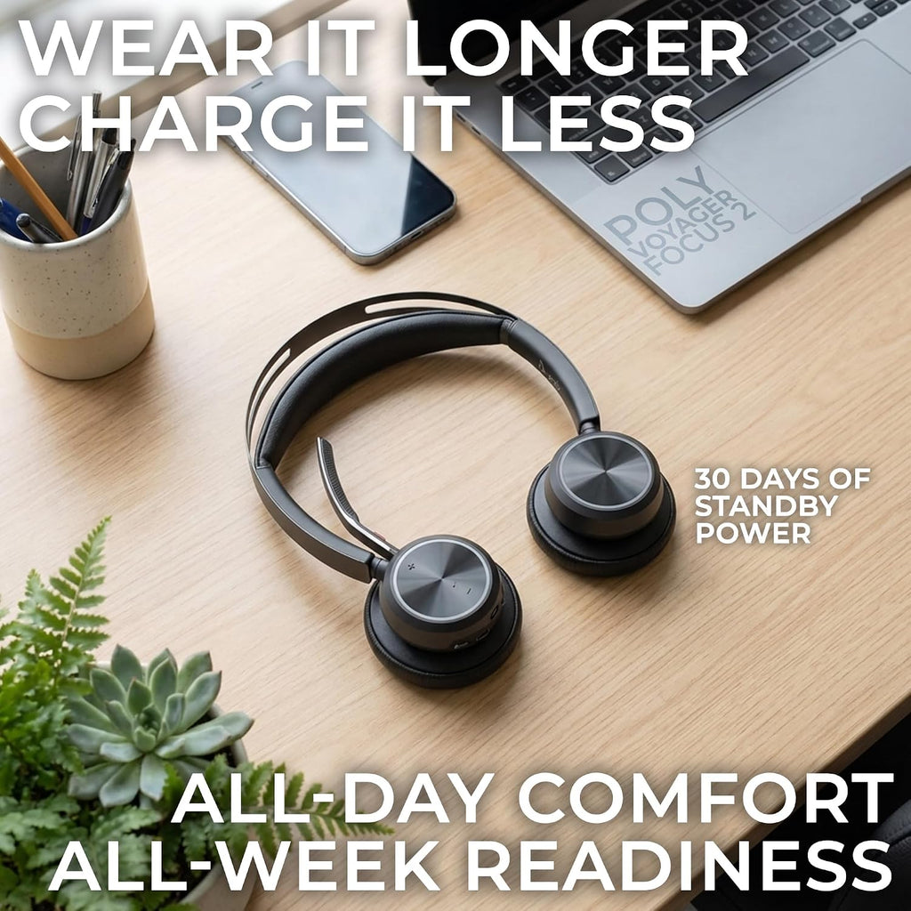 Poly Voyager Focus 2 UC Bluetooth Wireless Headset, USB-C, Pairs to Both Laptop and Cellphone for Work Calls Video Meetings- Compatible with Teams, Zoom, RingCentral, 8x8, Global Teck Microfiber