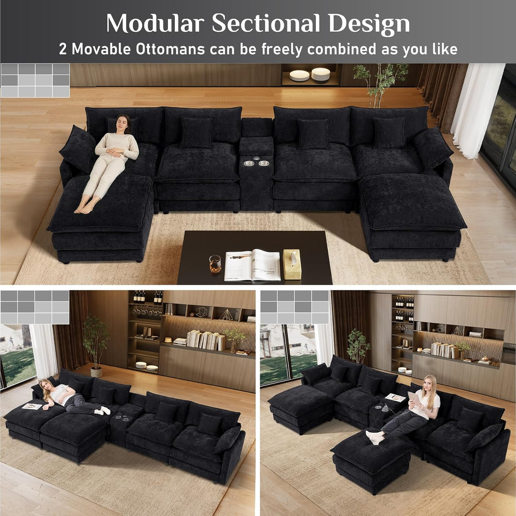 145' Oversized Modular Sectional Sofa U Shaped Cloud Couch Modern 6 Seat Sofa Set for Living Room Comfy Chenille Deep Seat with Storage Central Console, Movable Ottomans, Cup Holders, USB Ports, Black