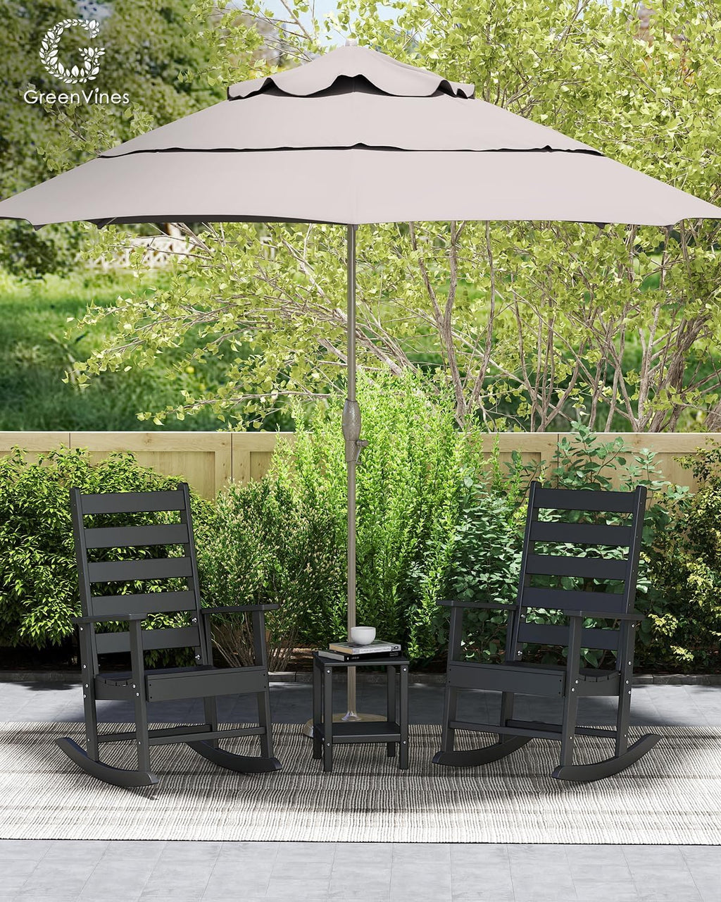 GREENVINES Outdoor-Rocking-Chairs-Set-of-4 | HDPE Plastic | Patio Rockers | Porch Rocker Chair | Shaker | Oversized | High Ladder Back | Big & Tall | PentaLuxe | Black