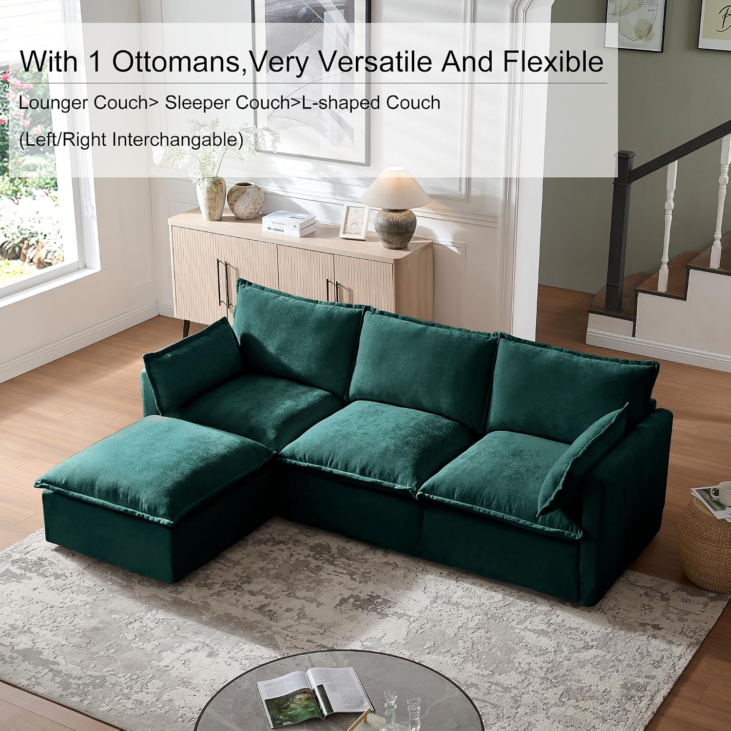 93.31' L-Shaped Couch Sofa with Ottoman, Green, 4 Seats | Modular Sectional