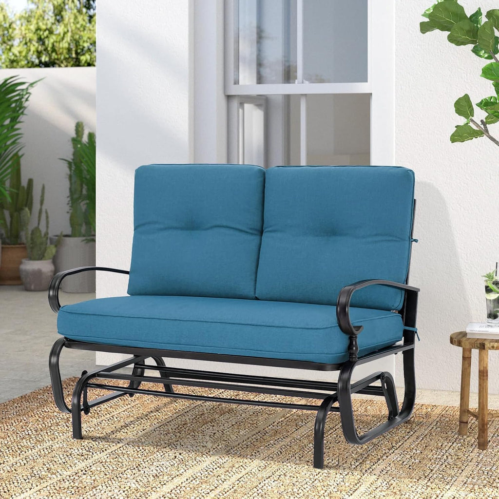 Outdoor Glider Rocking Bench 2 Person Patio Loveseat Steel Frame Furniture Set for Patio, Garden, Yard, Porch with Resistant Cushions (Peacock Blue)