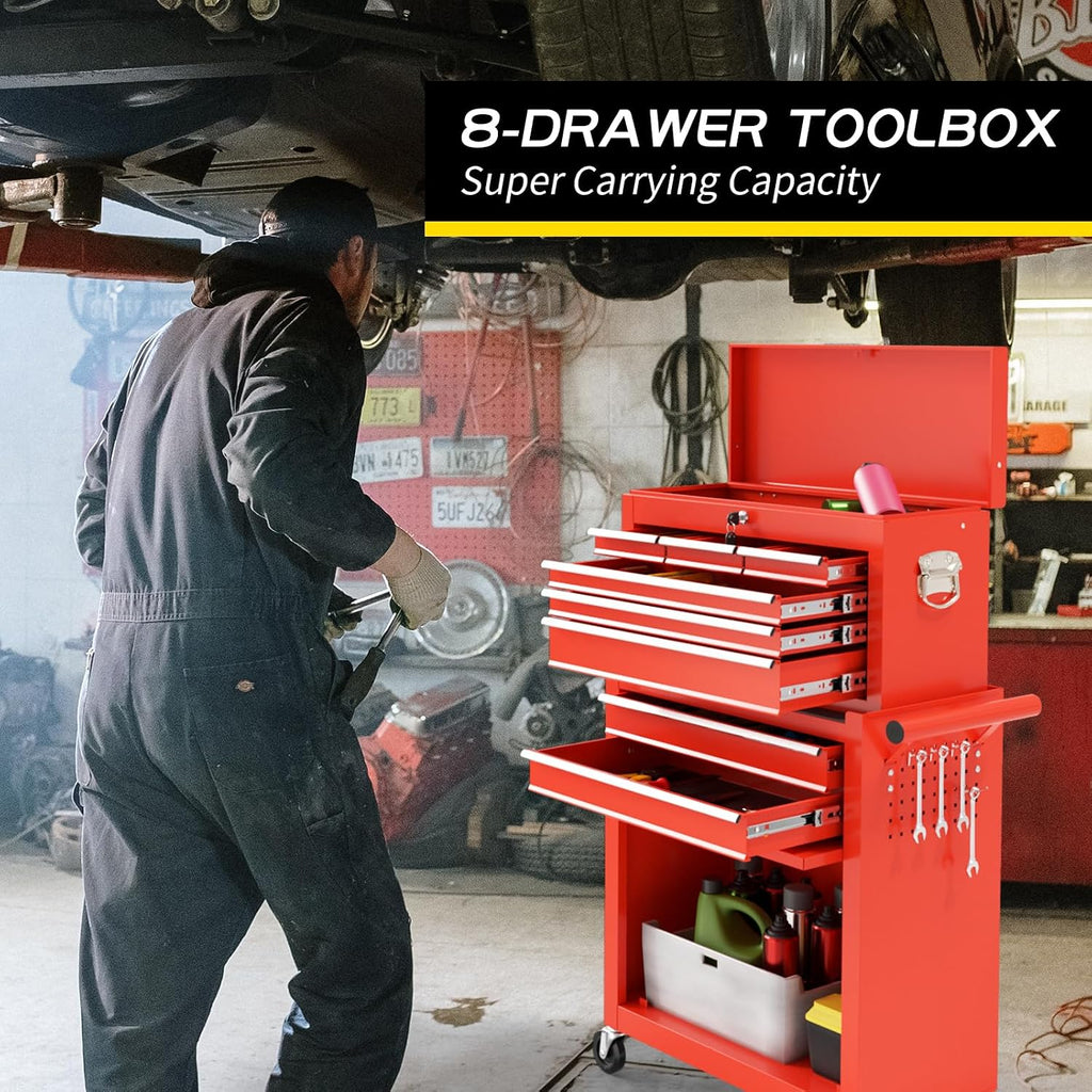 On Shine 8 Drawer Rolling Tool Chest, Large Capacity Rolling Tool Box with Wheels, Locking Mechanical Tool Chest, Portable Tool Box with Sliding Drawers for Garage Workshop and Tool Room (Red)