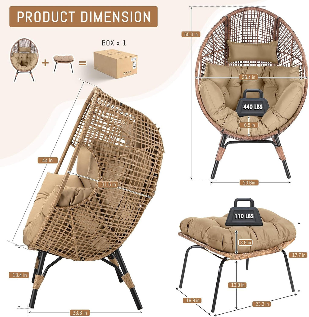 RADIATA Egg Chair with Footrest, Wicker Patio Lounger with Ottoman, Oversized Rattan Egg Shaped Chair with Leg for Indoor Outdoor Patio Balcony Garden (Brown)
