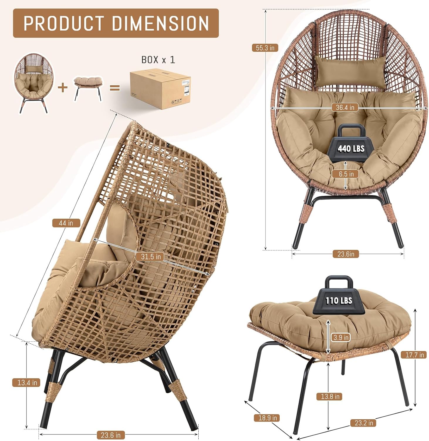 RADIATA Egg Chair with Footrest, Wicker Patio Lounger with Ottoman, Oversized Rattan Egg Shaped Chair with Leg for Indoor Outdoor Patio Balcony Garden (Brown)