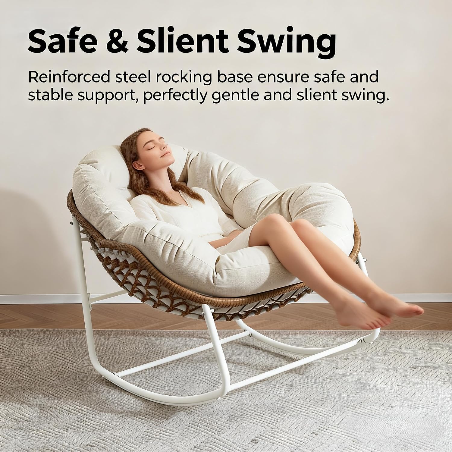 YDcosyfy Oversized Outdoor Papasan Rocking Chair with Soft Cushion, Comfy Patio Egg Chair, Wicker Lounge Rocker for Balcony/Porch/Garden, Reinforced All Weather Rattan Frame, 330 lbs Support, Cream
