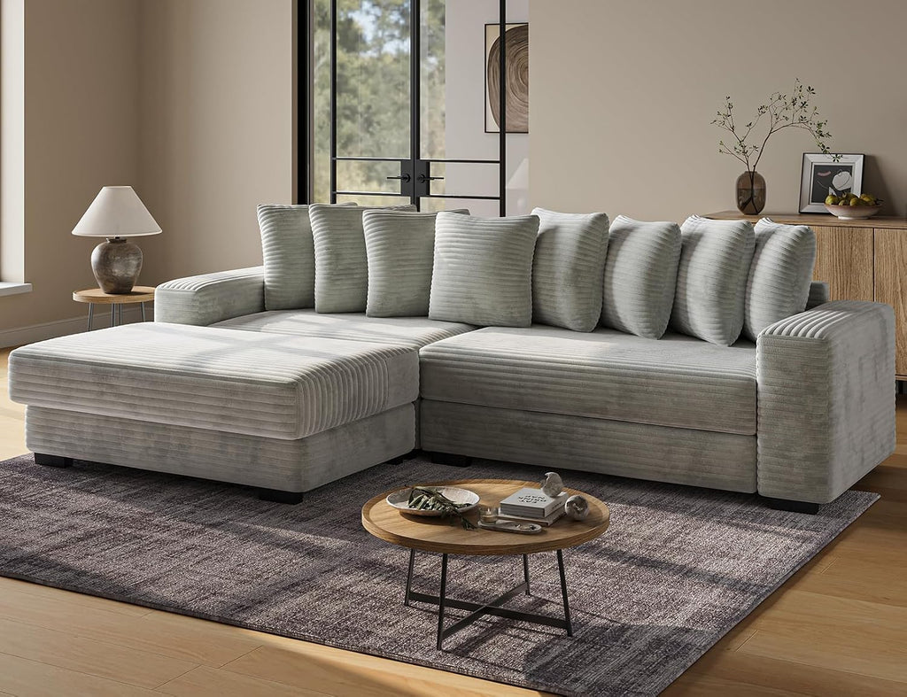 ohllob 110' Modular Sectional Sofa, L Shaped Couch with Chaise Lounge, Fluffy Corduroy Cloud Couch with Deep Seat for Living Room (Light Grey)