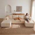 Oversized Cloud Boneless Couch with Chaise, Modern Modular Sofa with Deep Seat, Corduroy Upholstered U Shaped Couch for Living Room, No Assembly Required-Beige