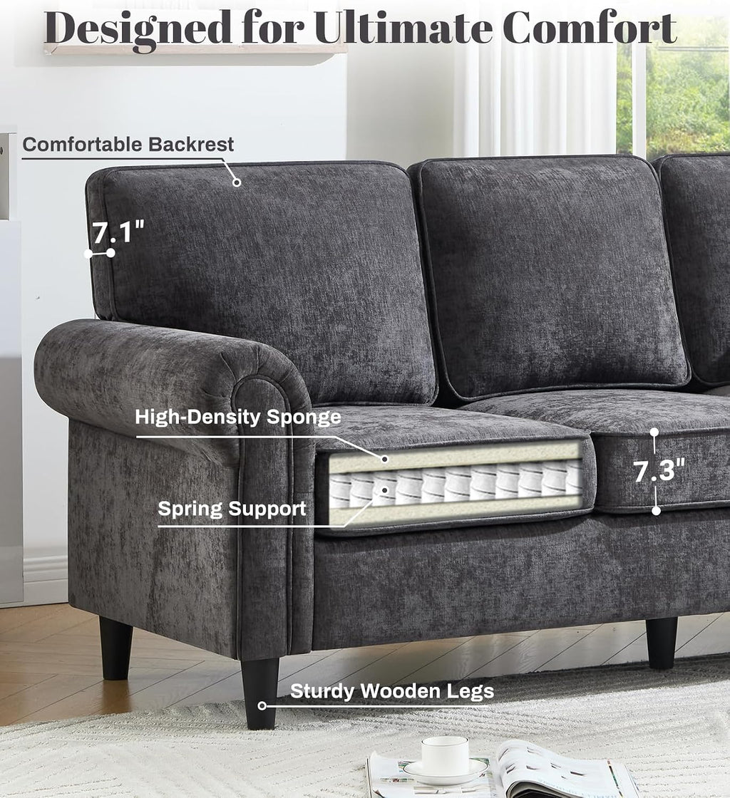 Kingfun 3 Seater Couch, Mid Century Modern Sofa Set with Rolled Arms and Deep Seats, Fluffy Comfort for Living Room, Apartment, Easy Assembly, Gray