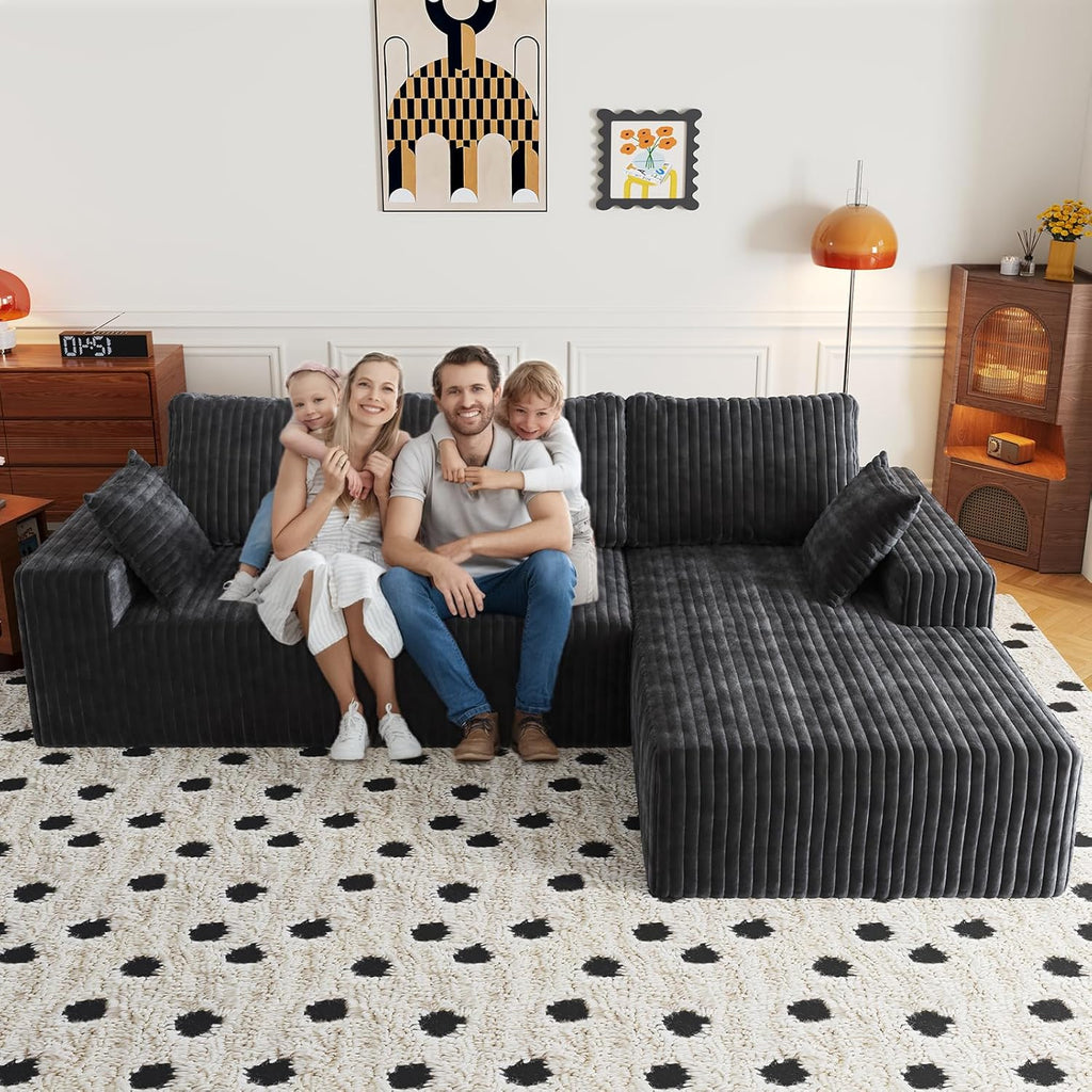 108' Modular Sectional Cloud Couch for Living Room Deep Seat L Shapes Boneless Couch with Oversized Chaise Lounge, Comfy Memory Foam Flannel Fabric Sofa for Bedroom Apartment, No Assembly Required