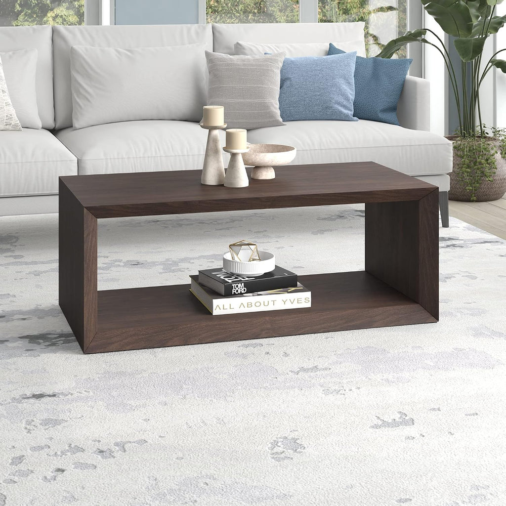 Henn&Hart 48' Rectangular Wood Coffee Table with Open Storage Shelf for Living Room, Family Room, or Office, Alder Brown