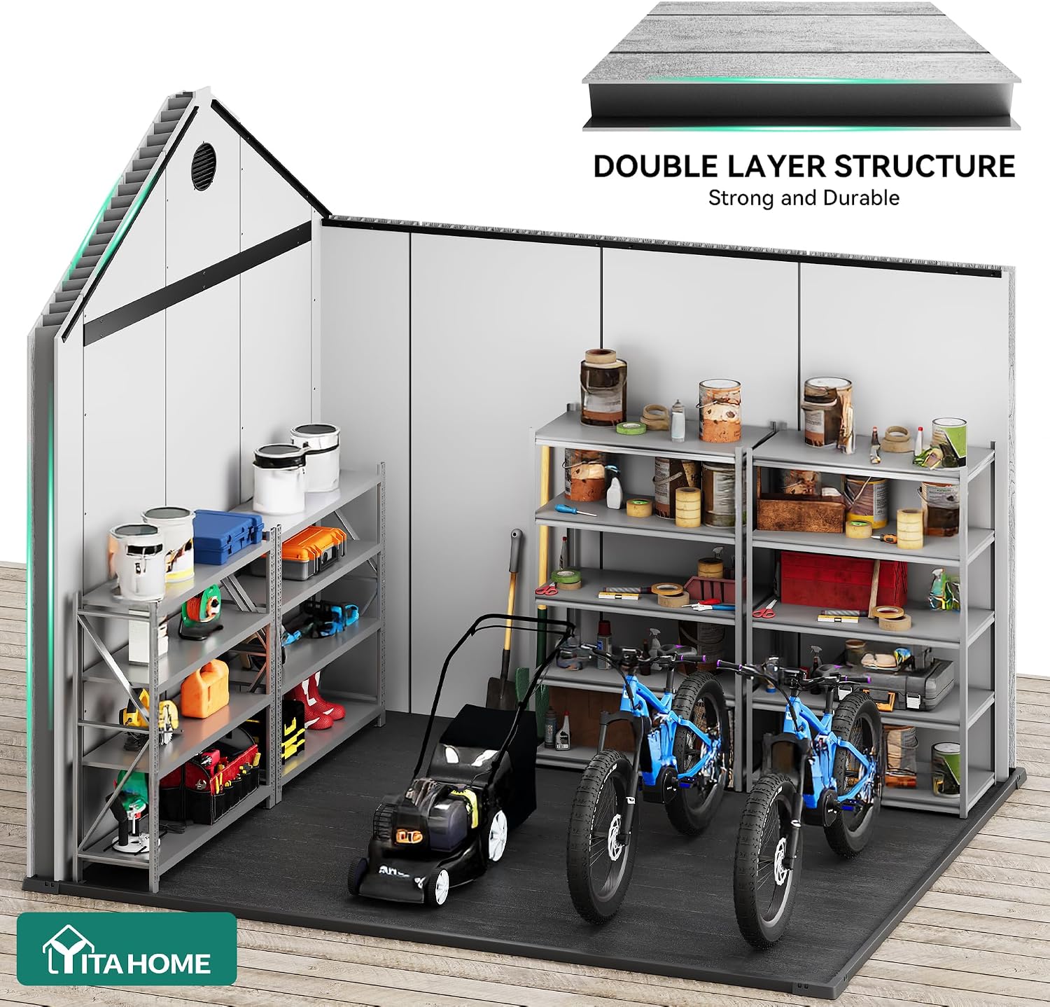 YITAHOME 8x12 FT Outdoor Storage Shed with Floor, Waterproof Extra Thick Plastic Garden Shed with Lockable Doors, 2 Vision Windows Vents, 16mm Heavy Duty Tool Shed for Bikes, Patio or Backyard, Gray