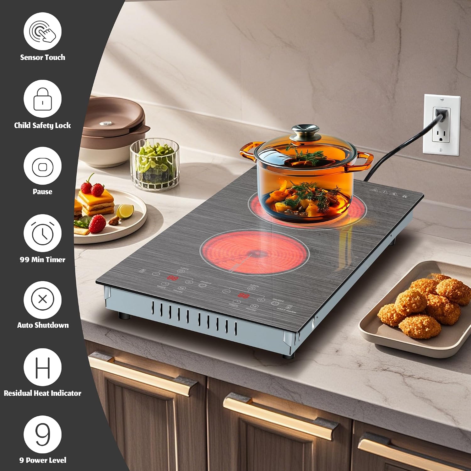 Karinear 2 Burner Electric Cooktop 110V, 12 Inch Countertop & Built-in Electric Stove Top, Plug-in Ceramic Cooktop with Child Safety Lock, Timer, Pause, Smooth Glass Surface with Beautiful Pattern(B)