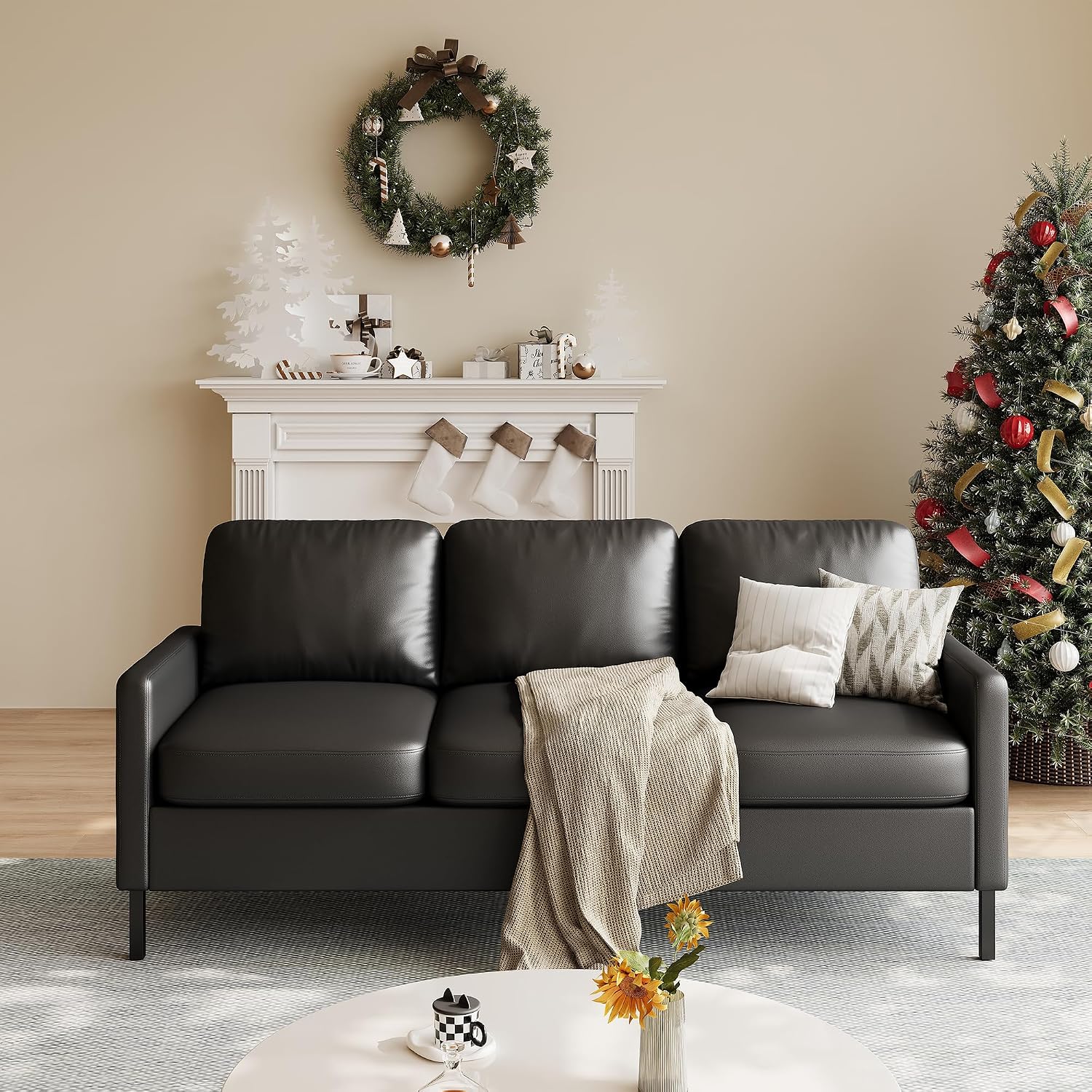 STHOUYN 72' W Faux Leather Black Sofa 3 Seat Couch, Modern Comfy Couch with 2 USB, Small Couches for Living Room Apartment Bedroom Small Spaces, Office(Black (Sofa))