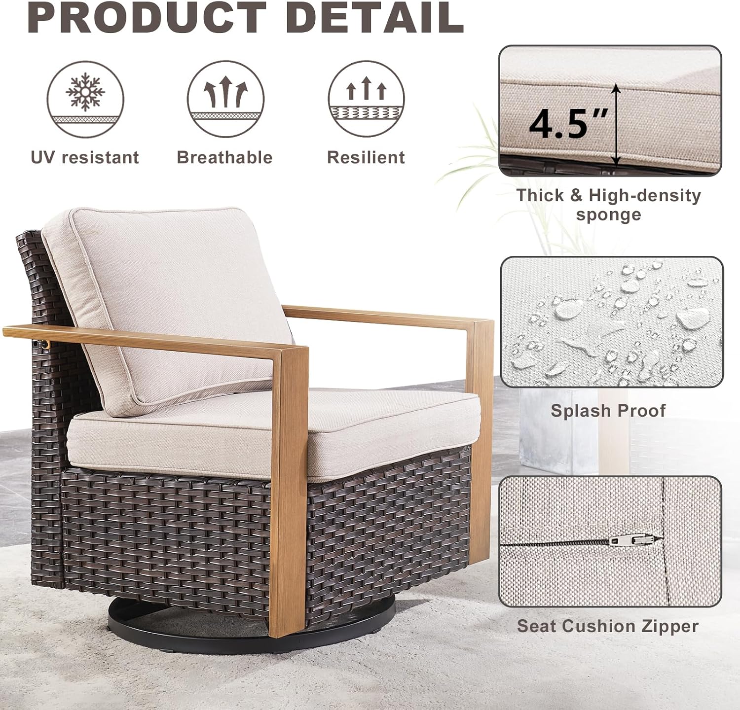 Rilyson Outdoor Patio Swivel Rocker Chairs - Wicker Rattan Patio Swivel Rocking Chairs Set of 2 with Metal Wide Armrest, Thick Cushions and Deep Seating for Deck Porch Sunroom Garden(Brown/Beige)