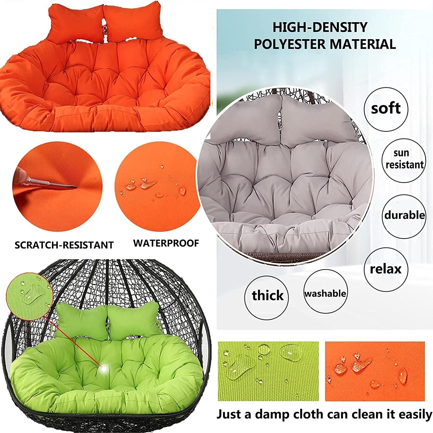 GARCAN Large Egg Chair Swing Cushion, Hanging Hammock Chair Cushion Replacement,Washable Thick Persons Wicker Outdoor Swing Cushions, Waterproof and Sun-Resiatant,B