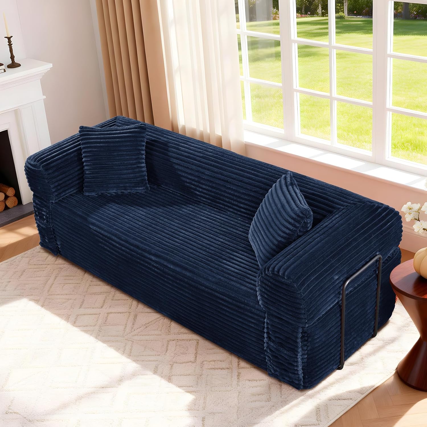 3 Seater Sofa Couch for Living Room (Blue, 30' D + 2 Pillows +Fixed-Shape Frame)