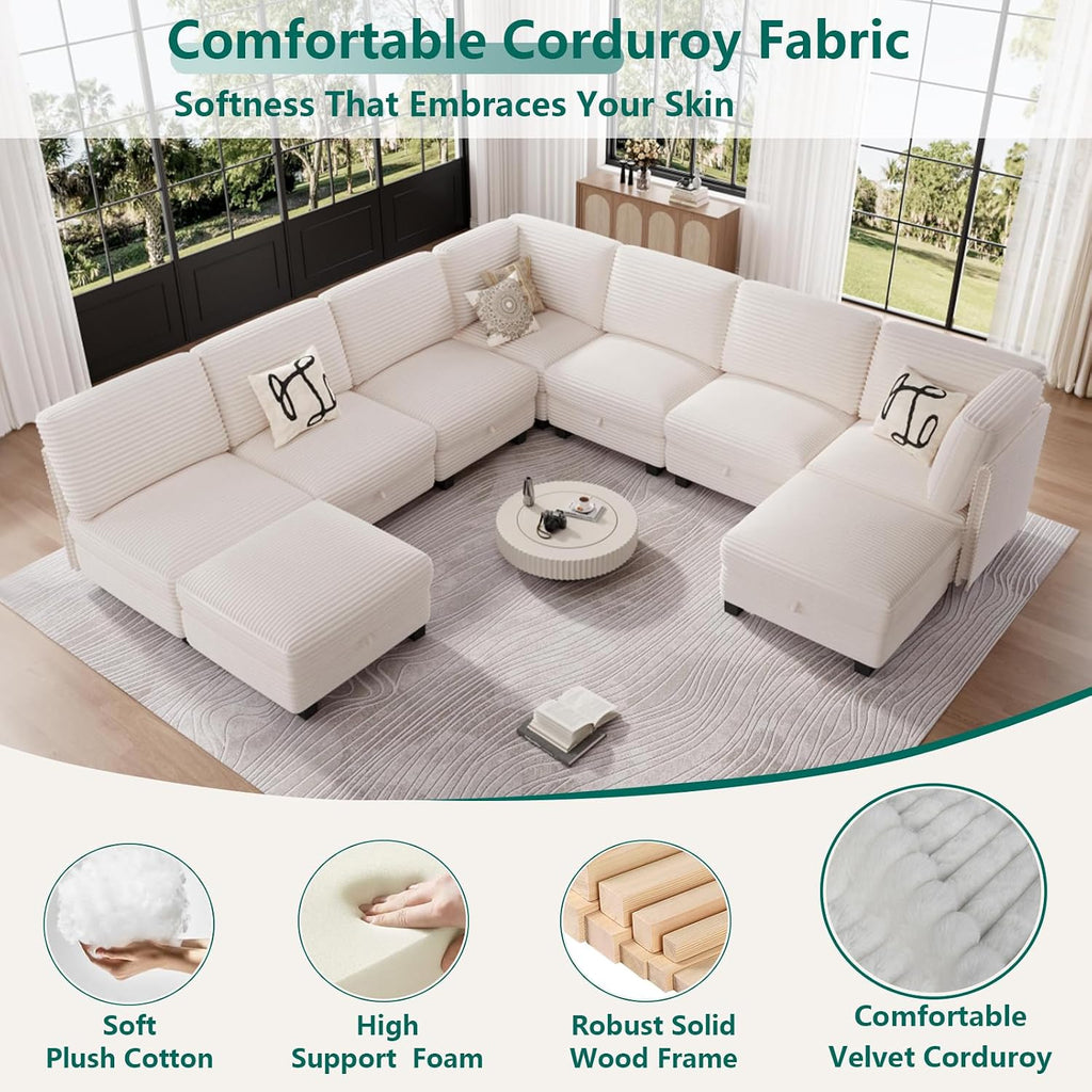 Modular Sectional Sofa with Adjustable Backrest, Large Convertible L/U-Shaped Sleeper Couch for Living Room, Cloud Sofa Bed Modern Reversible Design, Beige