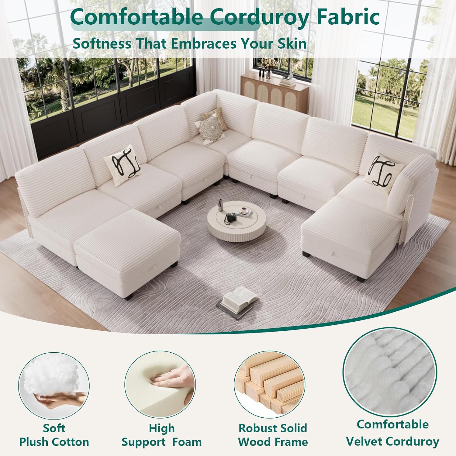 Modular Sectional Sofa with Adjustable Backrest, Large Convertible L/U-Shaped Sleeper Couch for Living Room, Cloud Sofa Bed Modern Reversible Design, Beige
