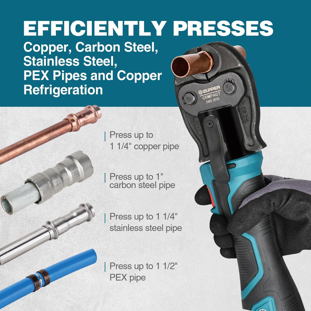 ZUPPER Press Tool, 18V Electric Pipe Crimping Tool for 1/2' to 1-1/4' Copper Pipes, Compact Press Tool Kit Suitable for Copper ProPress fittings - with Brushless Motor, 4 VUS Press Jaws, 2pcs Battery