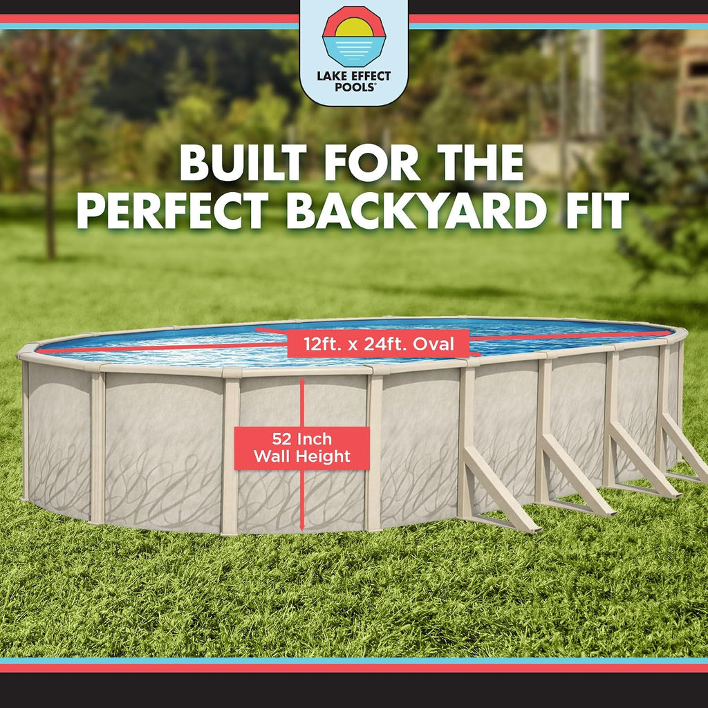 Lake Effect Pools 'Meadows' 12 ft x 24 ft Oval Above Ground Swimming Pool | 52 Inch Steel Side Walls | Kit Includes: 25 Gauge Overlap Liner & Widemouth Skimmer
