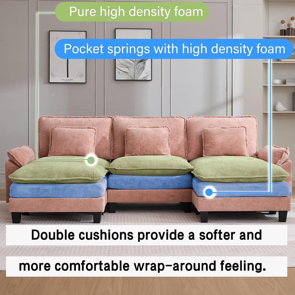Oprisen 120' Modular Sectional Sofa, Comfy Cloud Couch Sectional Sofa with Ottoman, Chenille Sofa Sleeper Deep Seat Sofa with Throw Pillows for Living Room (Pink, 120'- U Shape)