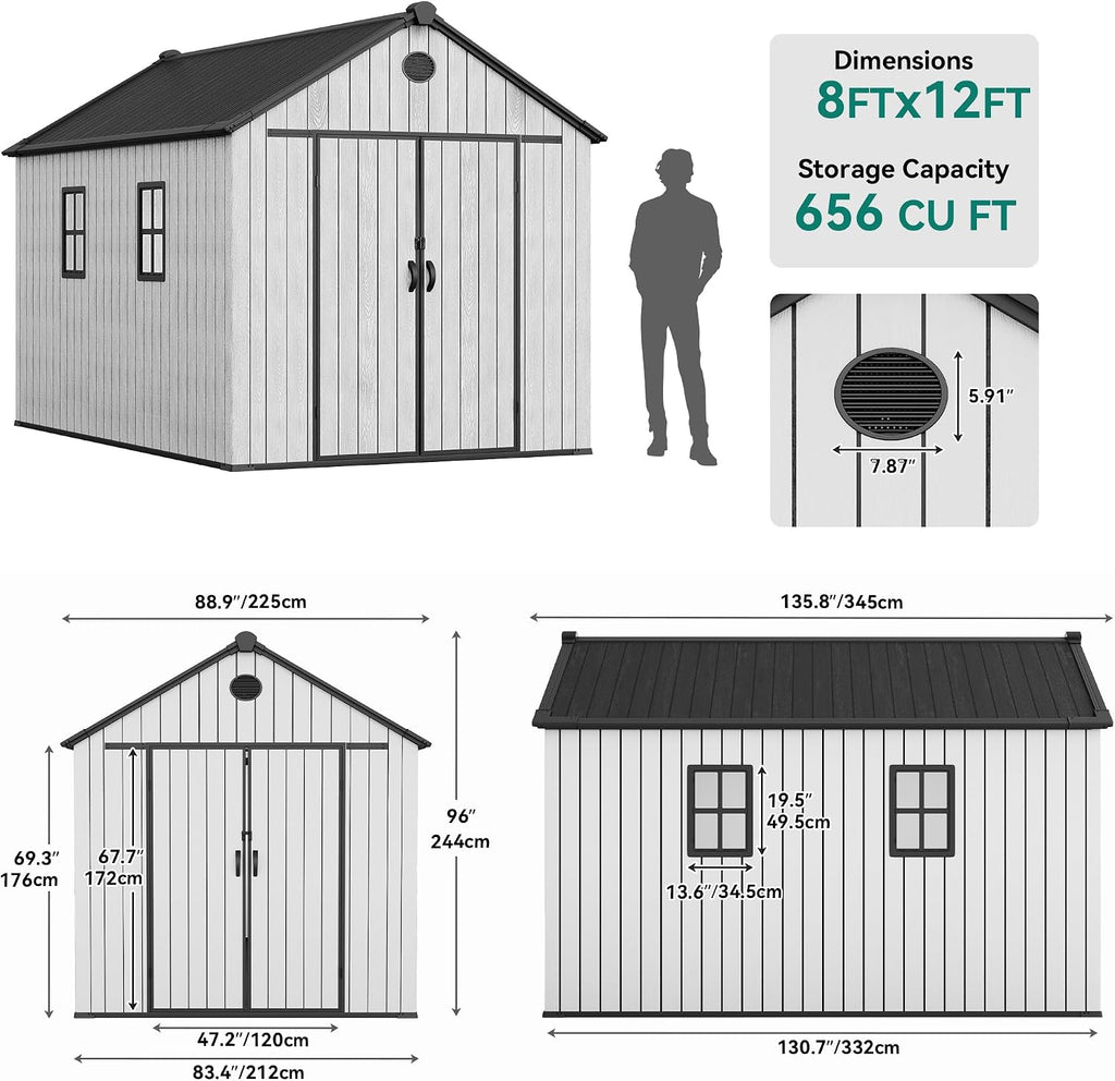 YITAHOME 8x12 FT Outdoor Storage Shed with Floor, Waterproof Extra Thick Plastic Garden Shed with Lockable Doors, 2 Vision Windows Vents, 16mm Heavy Duty Tool Shed for Bikes, Patio or Backyard, Gray