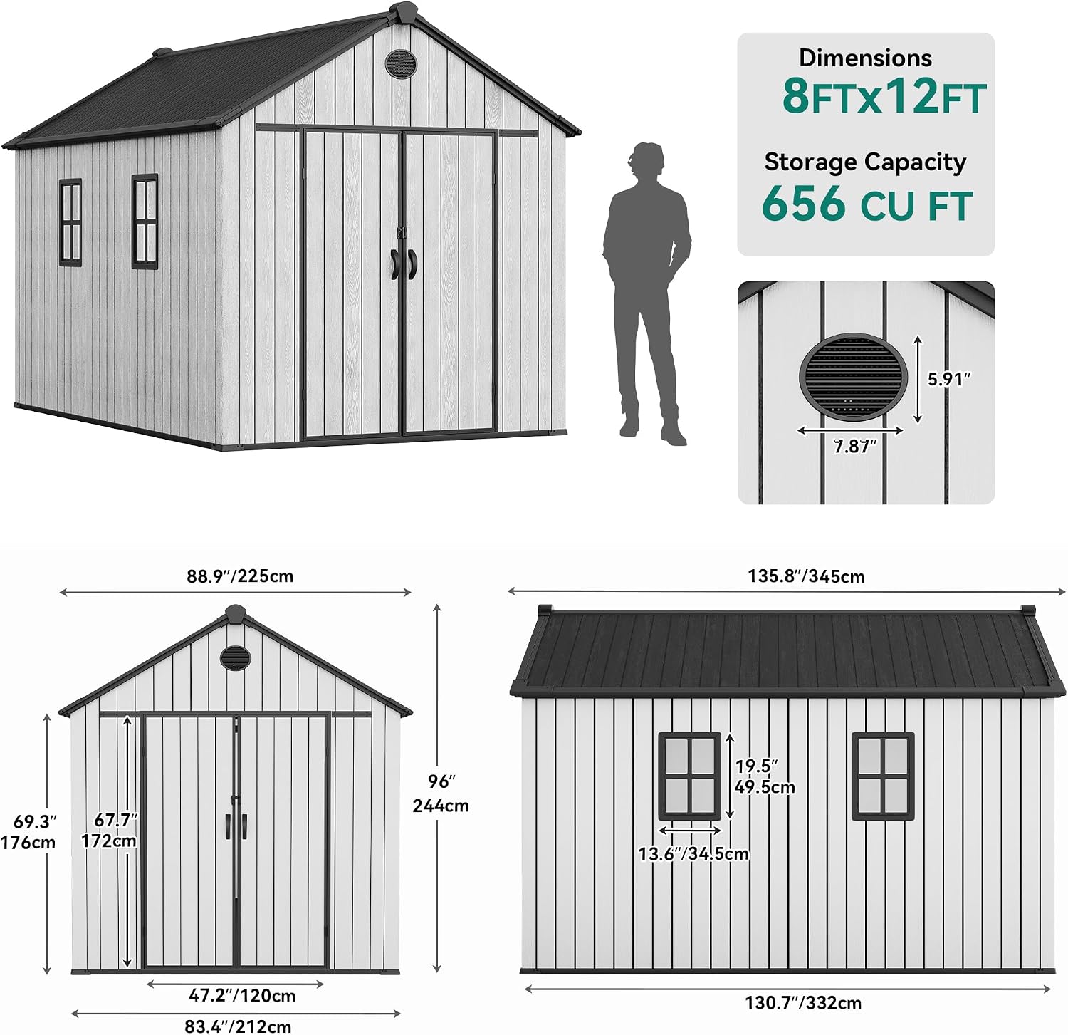 YITAHOME 8x12 FT Outdoor Storage Shed with Floor, Waterproof Extra Thick Plastic Garden Shed with Lockable Doors, 2 Vision Windows Vents, 16mm Heavy Duty Tool Shed for Bikes, Patio or Backyard, Gray