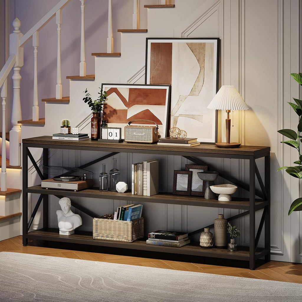 ONBRILL Industrial Console Sofa Table,70.8 Inch Extra Long Entryway Table with 3 Tier Wood Storage Shelf for Living Room, Hallway, Entrance, Narrow Sofa Table with Metal Frame, Black and Brown