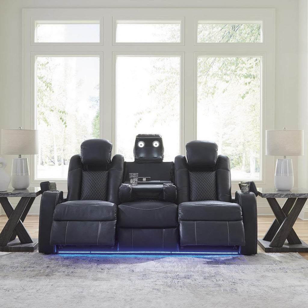 Signature Design by Ashley Fyne-Dyme Power Reclining Sofa with USB Ports and Adjustable Headrest, Drop Down Table, Faux Leather, 21' Seat Height, Blue